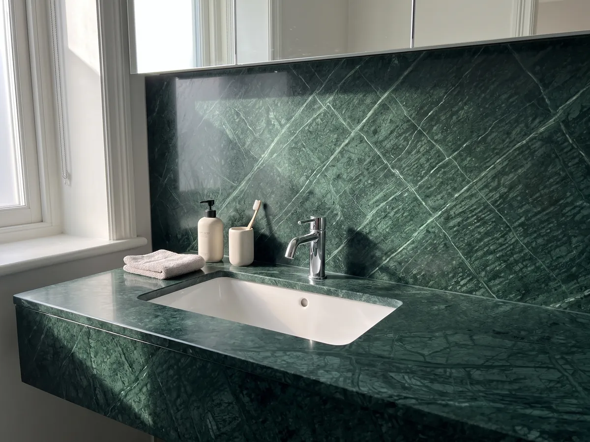 Cubierta de lavabo y pared de baño en Mármol Verde Imperial con lavamanos blanco y grifería cromada: verde petróleo profundo con vetas finas más claras que cruzan en diagonal
