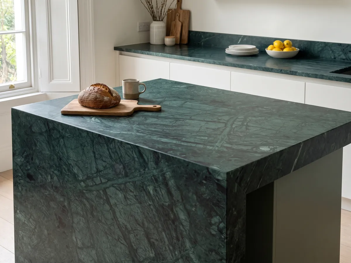 Isla de cocina con cubierta de Mármol Verde Imperial y canto recto en una cocina con luz natural: verde petróleo profundo con vetas finas más claras que cruzan en diagonal
