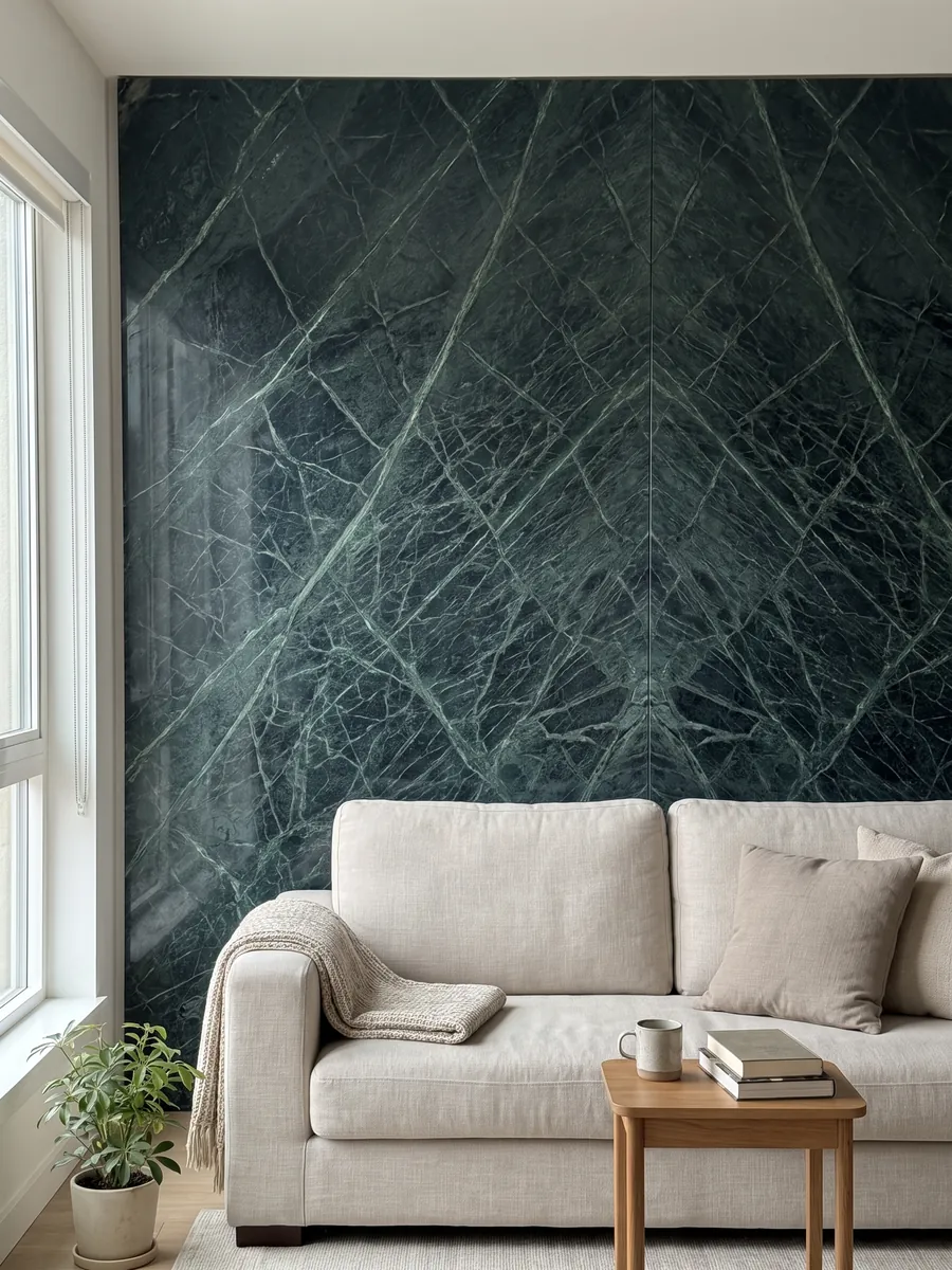 Pared de sala revestida con placas de Mármol Verde Imperial abiertas en libro detrás de un sofá: verde petróleo profundo con vetas finas más claras que cruzan en diagonal