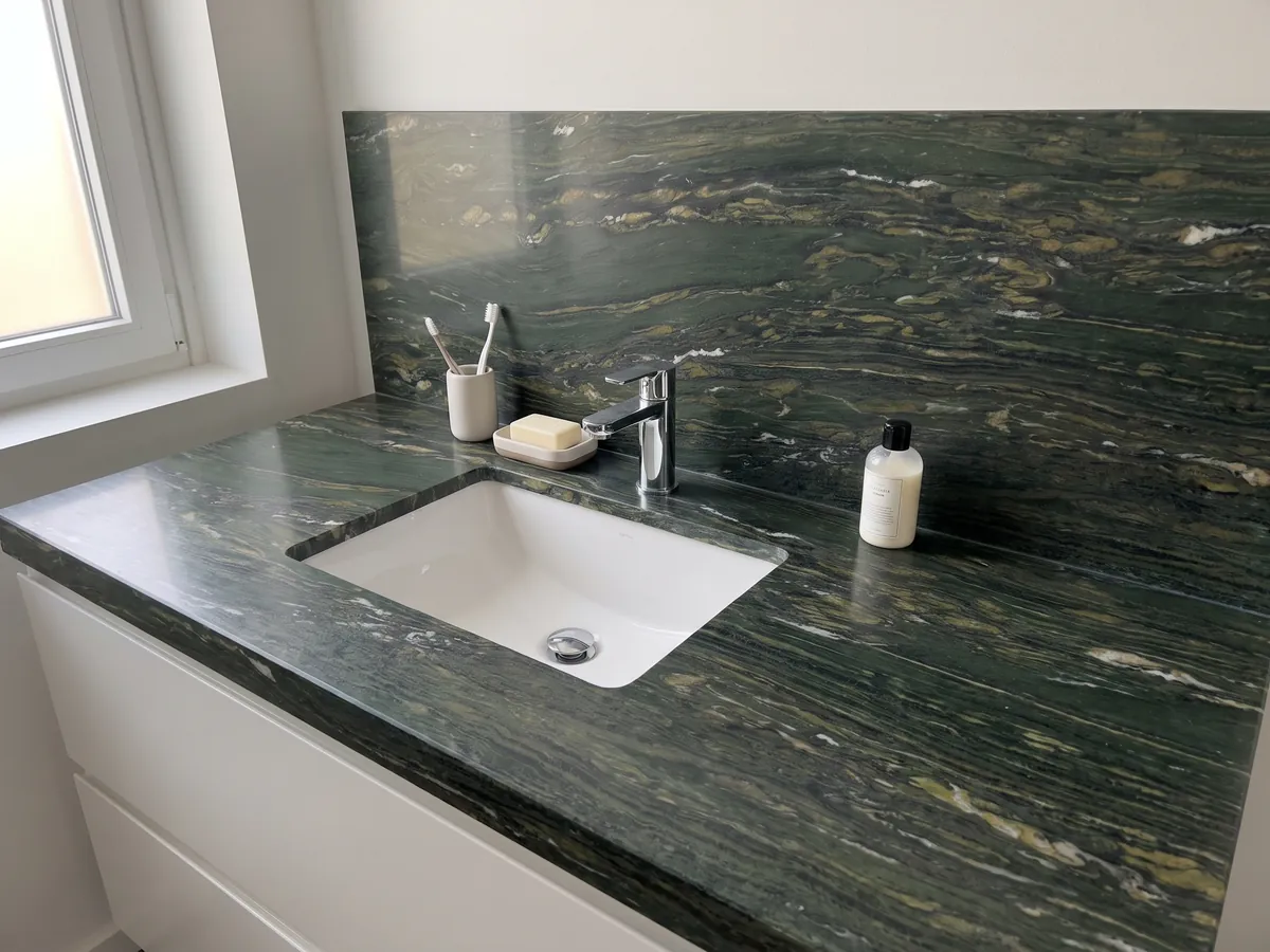 Cubierta de lavabo y pared de baño en Mármol Verde Pavone con lavamanos blanco y grifería cromada: verde profundo con trazos dorados y blancos que fluyen en horizontal