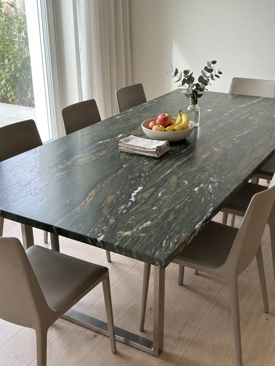 Mesa de comedor con cubierta de Mármol Verde Pavone sobre base de acero: verde profundo con trazos dorados y blancos que fluyen en horizontal