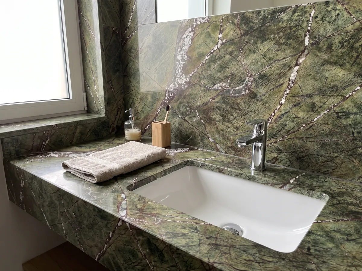 Cubierta de lavabo y pared de baño en mármol verde Picasso Green con lavamanos blanco y grifería cromada: verde oliva con red de vetas rojizas y vetas blancas en diagonal