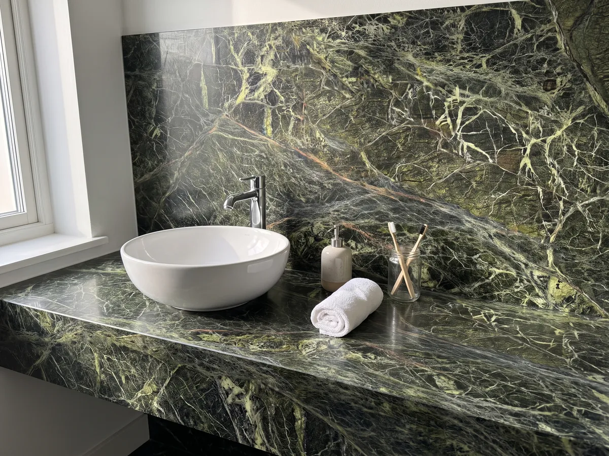 Cubierta de lavabo y pared de baño en mármol verde Rainforest Green con lavamanos blanco y grifería cromada: verde oscuro cubierto por una red densa de vetas verde amarillento