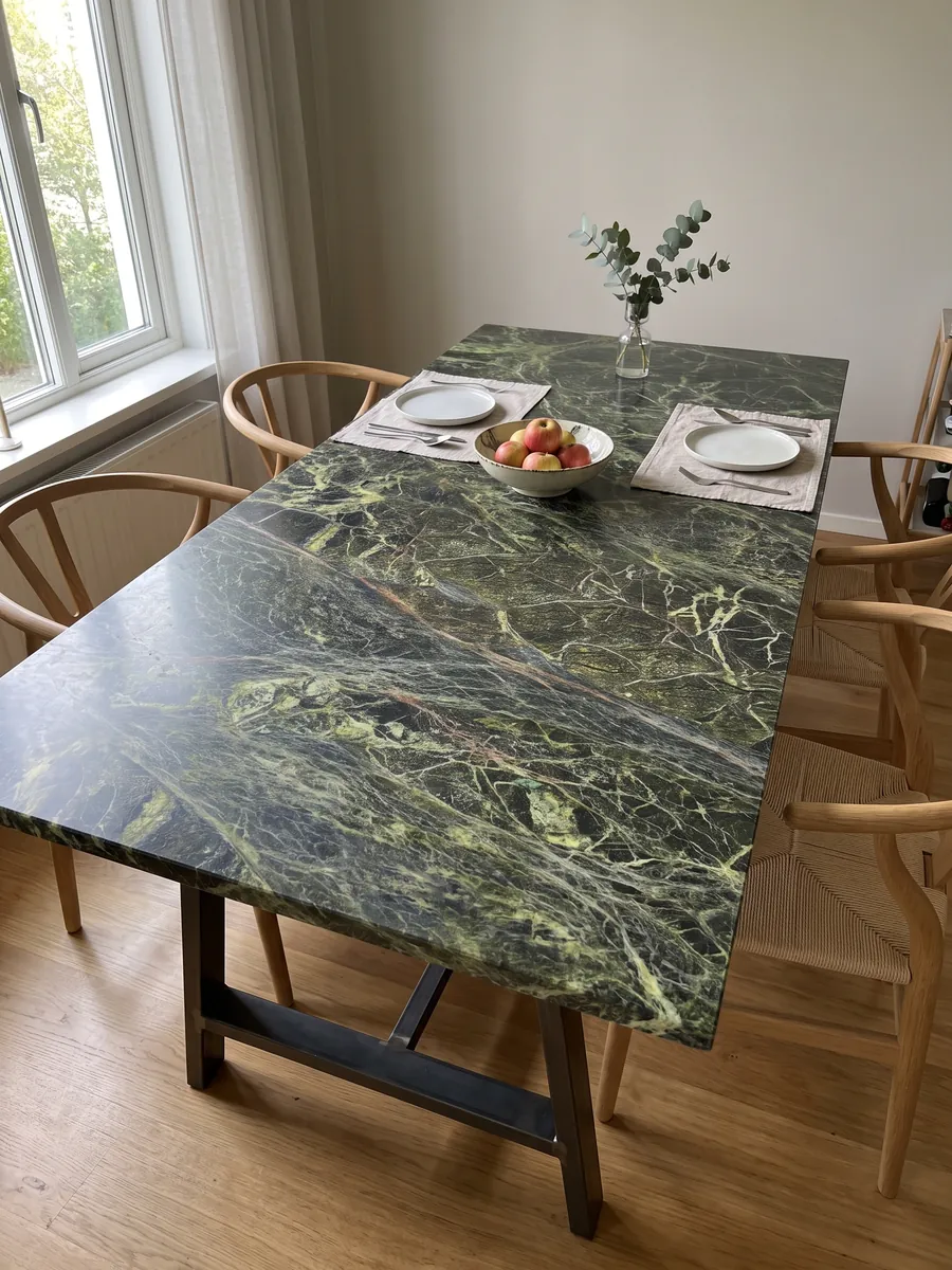 Mesa de comedor con cubierta de mármol verde Rainforest Green sobre base de acero: verde oscuro cubierto por una red densa de vetas verde amarillento