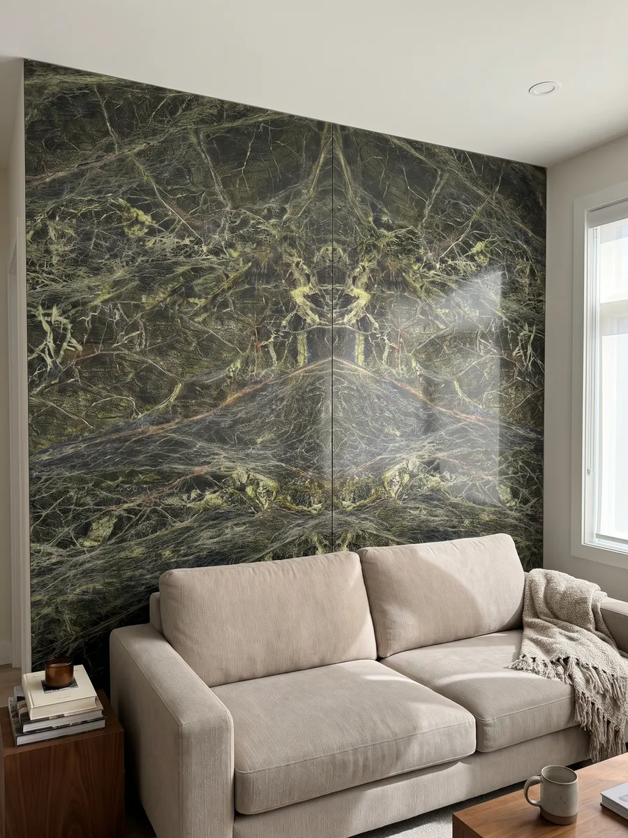 Pared de sala revestida con placas de mármol verde Rainforest Green abiertas en libro detrás de un sofá: verde oscuro cubierto por una red densa de vetas verde amarillento