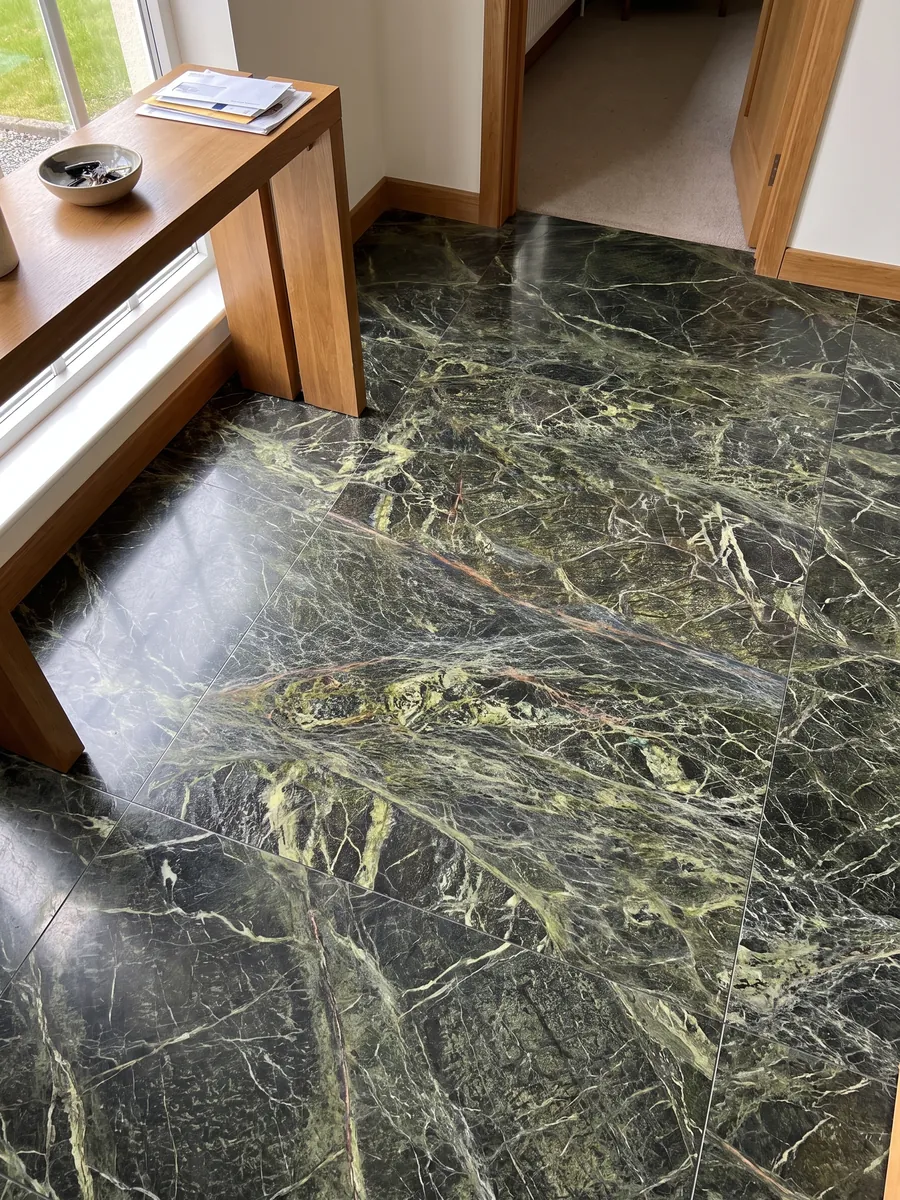 Piso de recibidor en placas grandes de mármol verde Rainforest Green con luz natural: verde oscuro cubierto por una red densa de vetas verde amarillento