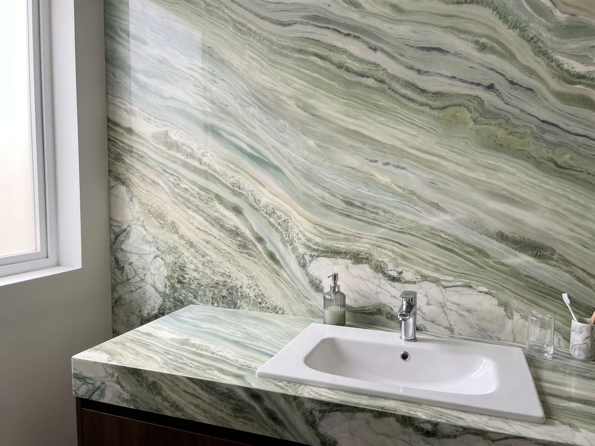 Cubierta de lavabo y pared de baño en mármol verde Sequoia Green con lavamanos blanco y grifería cromada: bandas onduladas verde claro, blanco y gris que fluyen en diagonal