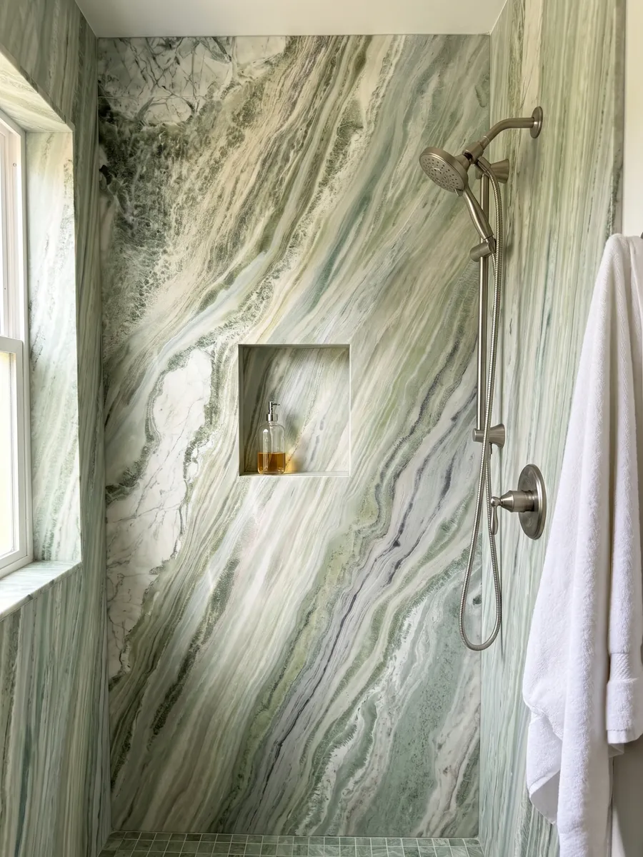 Ducha revestida con placas enteras de mármol verde Sequoia Green con nicho empotrado: bandas onduladas verde claro, blanco y gris que fluyen en diagonal