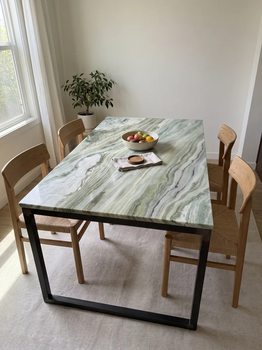 Mesa de comedor con cubierta de mármol verde Sequoia Green sobre base de acero: bandas onduladas verde claro, blanco y gris que fluyen en diagonal