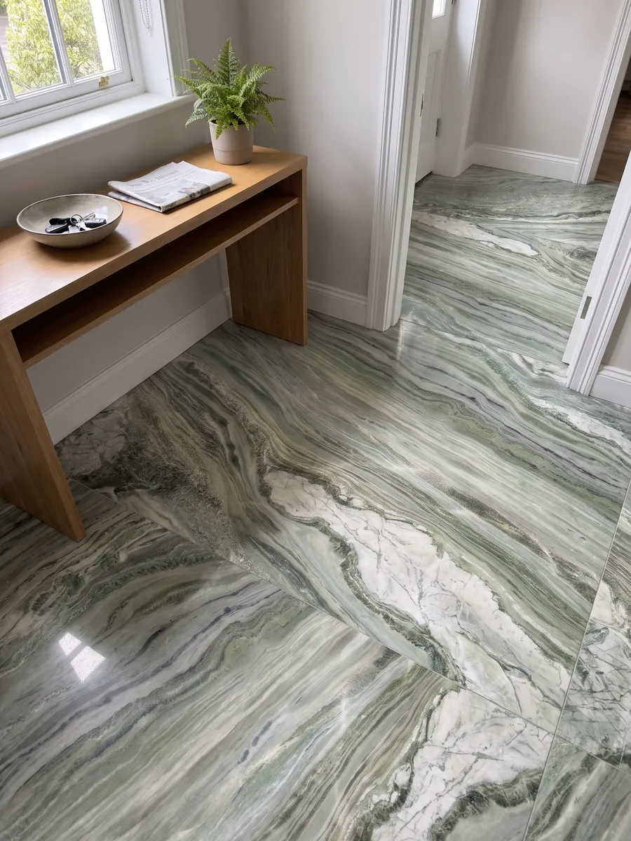 Piso de recibidor en placas grandes de mármol verde Sequoia Green con luz natural: bandas onduladas verde claro, blanco y gris que fluyen en diagonal