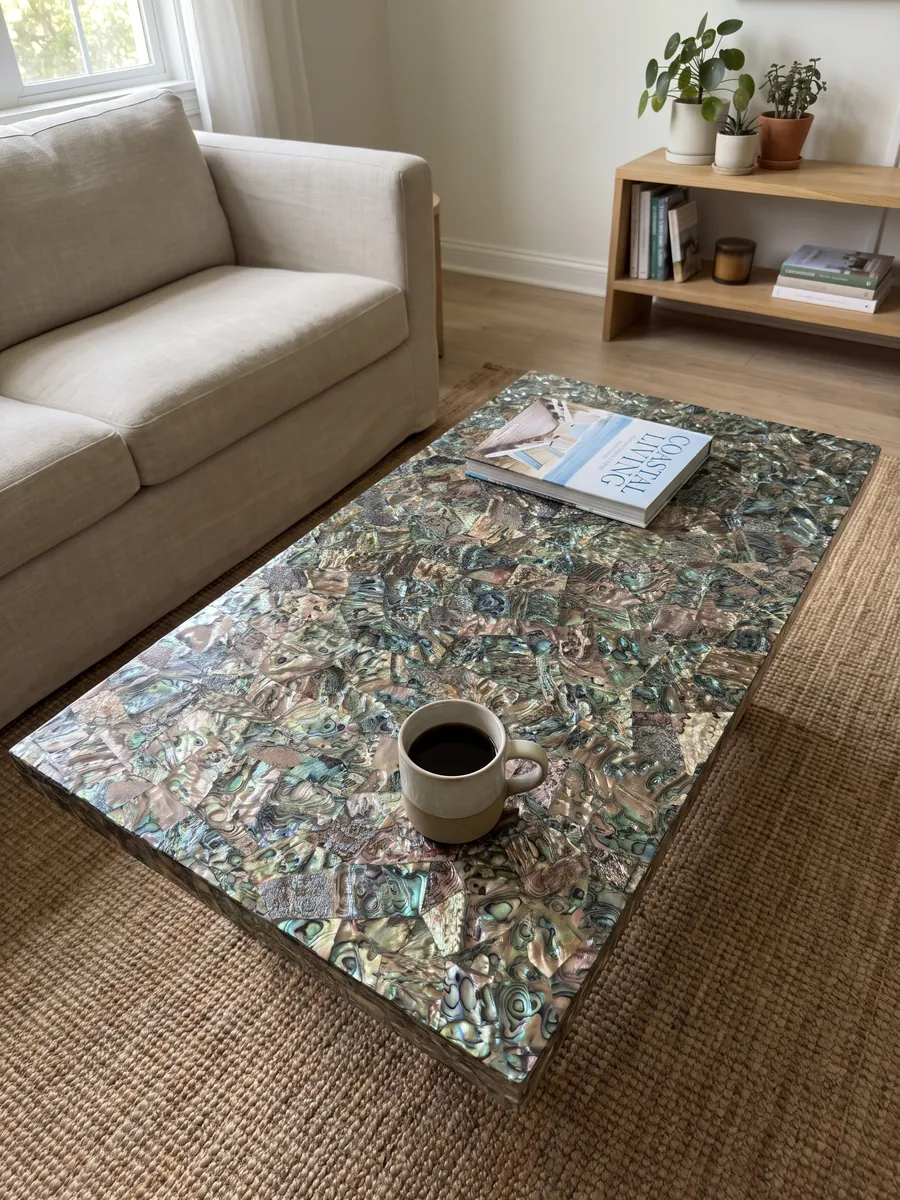 Mesa de centro con cubierta de Nácar Abulón en una sala: mosaico tupido de concha irisada en verdes, azules y marrones