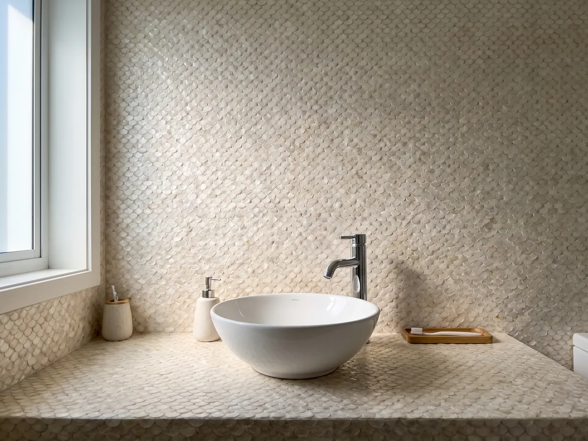 Cubierta de lavabo y pared de baño en Nácar de Concha Capiz con lavamanos blanco y grifería cromada: blanco crema formado por piezas pequeñas redondeadas que parecen escamas