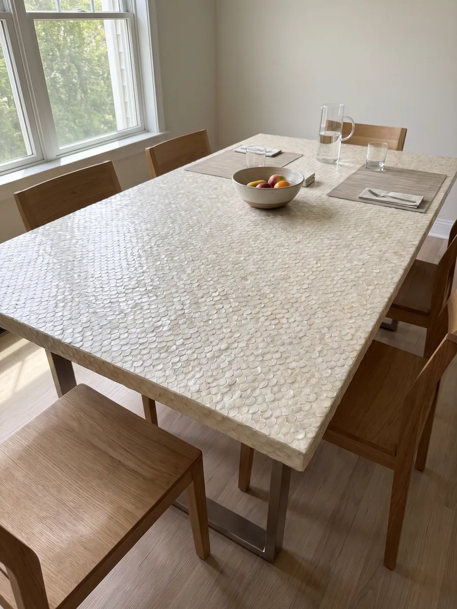 Mesa de comedor con cubierta de Nácar de Concha Capiz sobre base de acero: blanco crema formado por piezas pequeñas redondeadas que parecen escamas