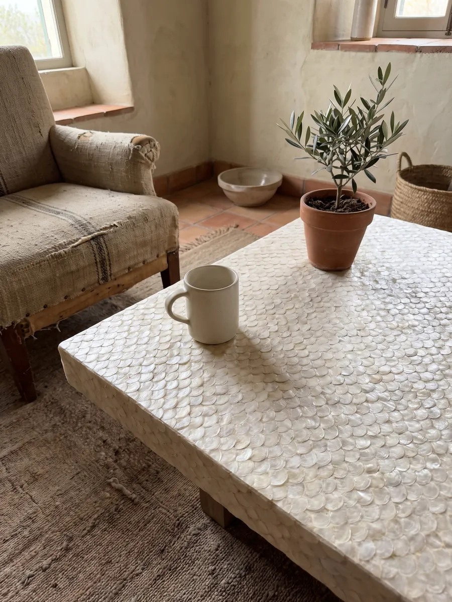 Mesa de centro con cubierta de Nácar de Concha Capiz en una sala: blanco crema formado por piezas pequeñas redondeadas que parecen escamas