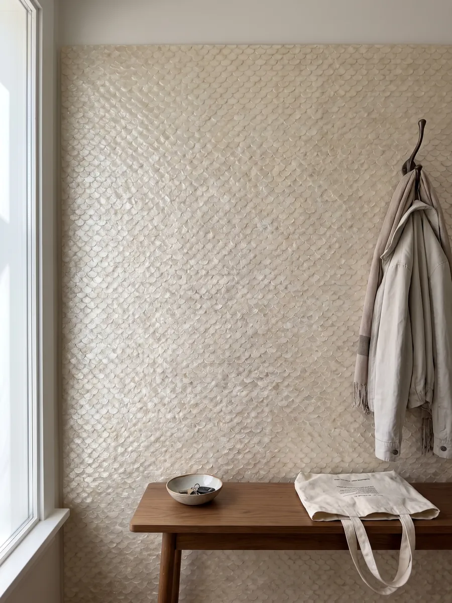 Pared de recibidor revestida con Nácar de Concha Capiz con consola estrecha: blanco crema formado por piezas pequeñas redondeadas que parecen escamas