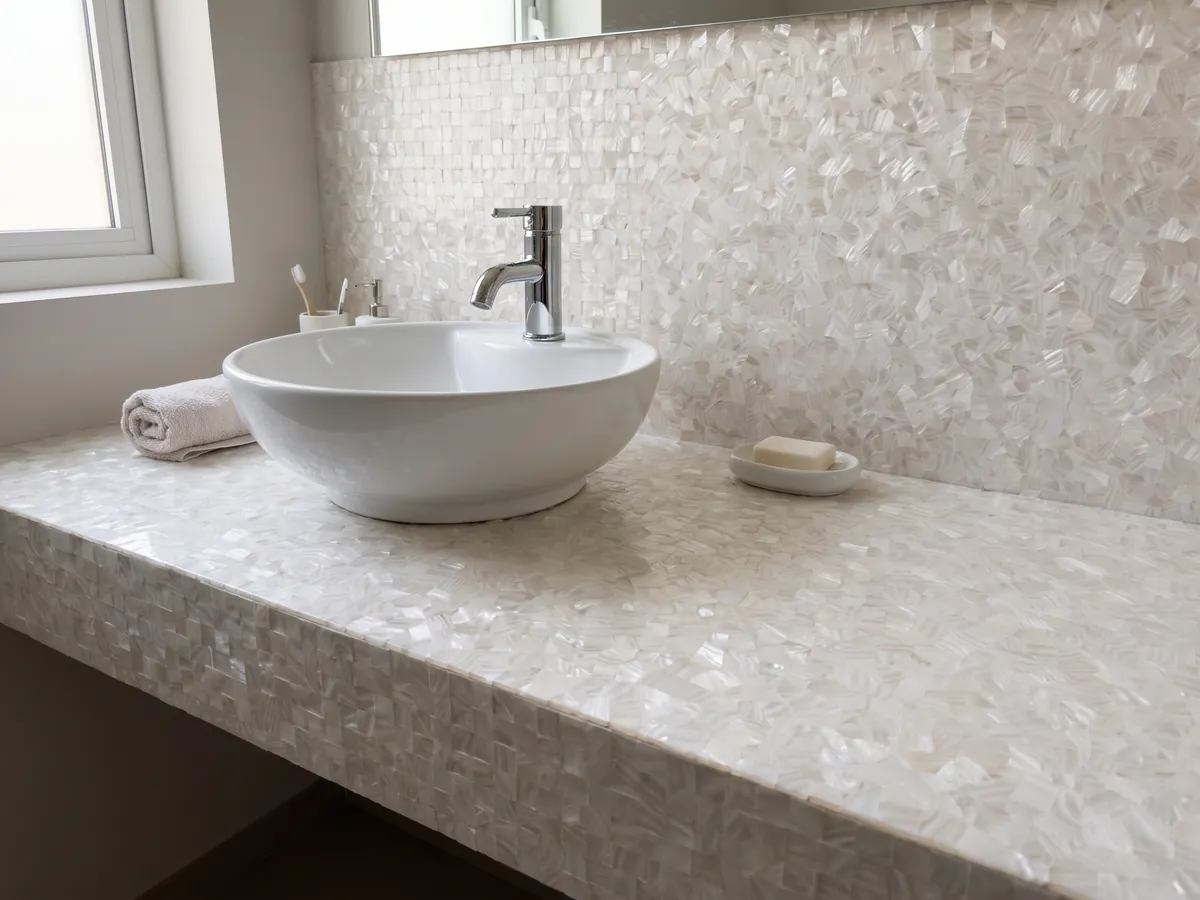 Cubierta de lavabo y pared de baño en Nácar de Concha de Agua Dulce con lavamanos blanco y grifería cromada: blanco perlado casi homogéneo con piezas de nácar muy pequeñas