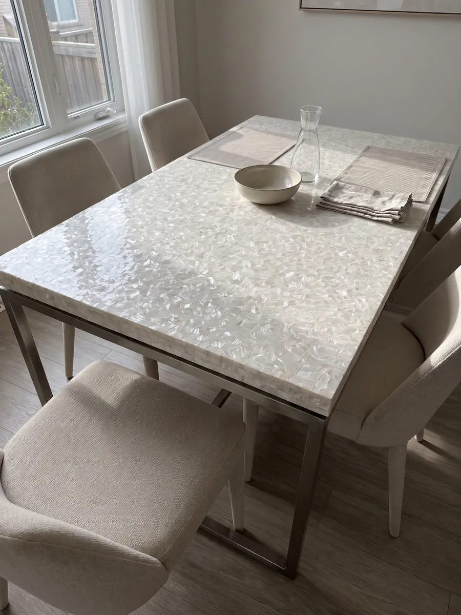 Mesa de comedor con cubierta de Nácar de Concha de Agua Dulce sobre base de acero: blanco perlado casi homogéneo con piezas de nácar muy pequeñas