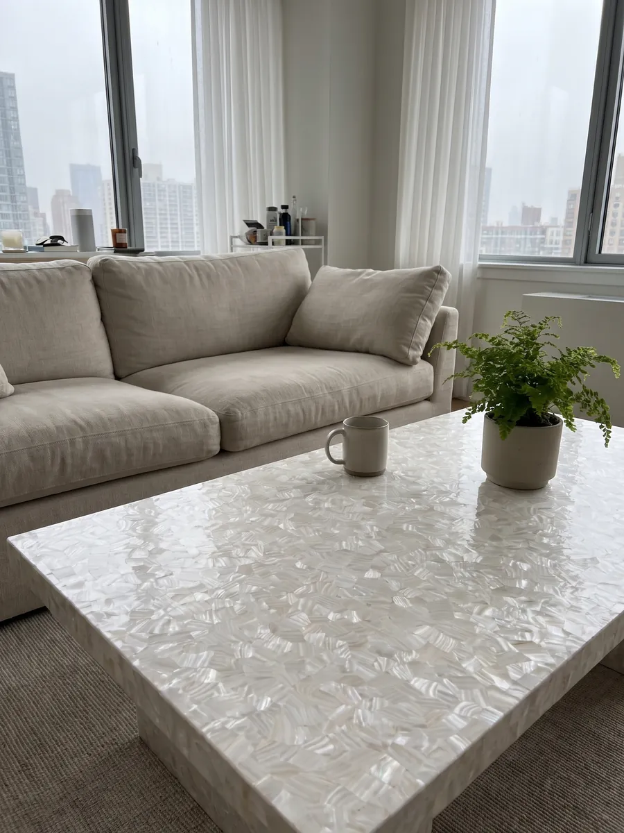 Mesa de centro con cubierta de Nácar de Concha de Agua Dulce en una sala: blanco perlado casi homogéneo con piezas de nácar muy pequeñas