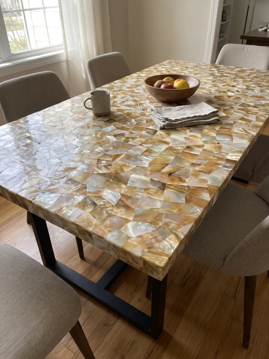 Mesa de comedor con cubierta de Nácar de Concha Dorada sobre base de acero: mosaico de nácar dorado y blanco con reflejos irisados