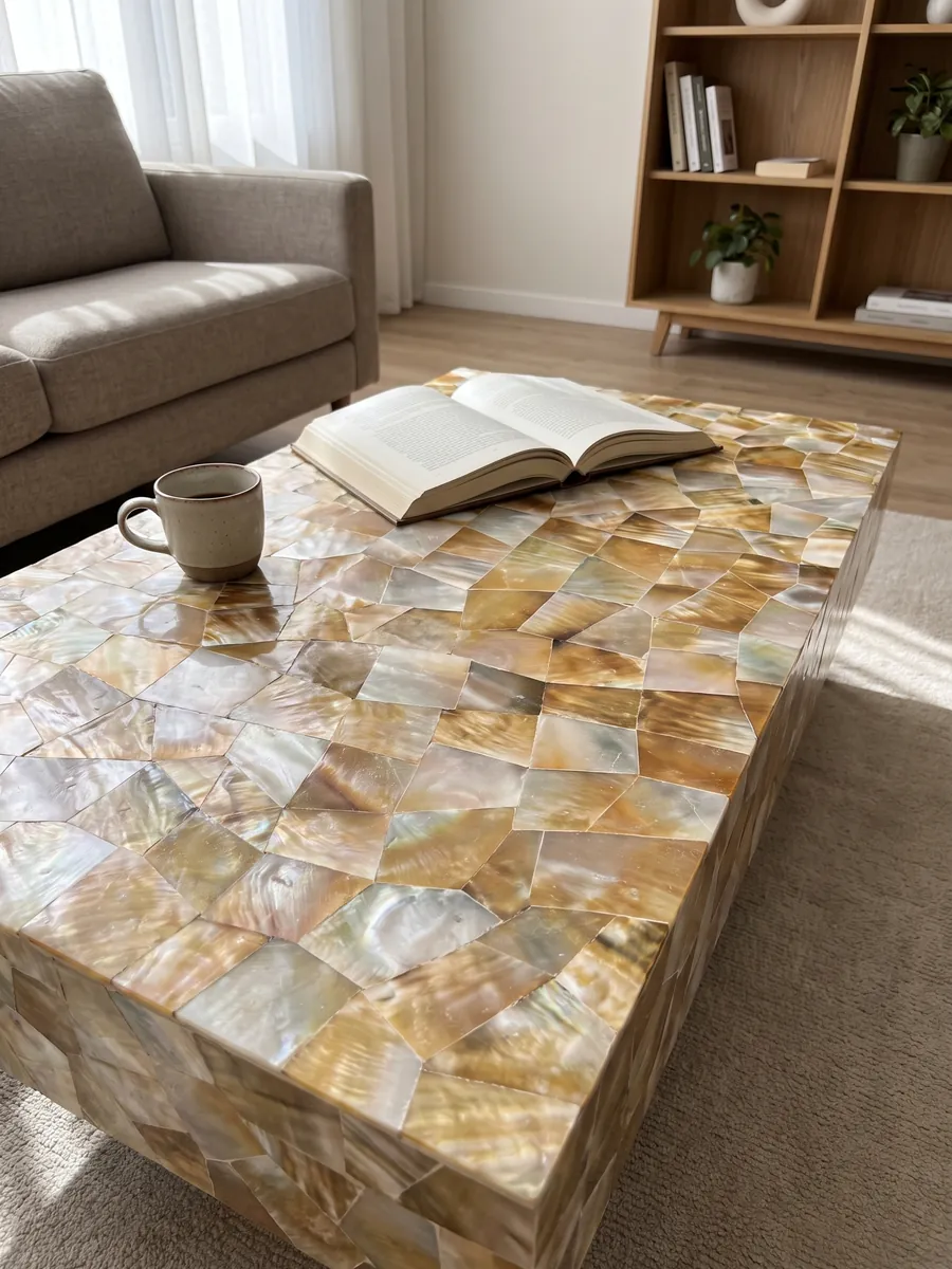 Mesa de centro con cubierta de Nácar de Concha Dorada en una sala: mosaico de nácar dorado y blanco con reflejos irisados