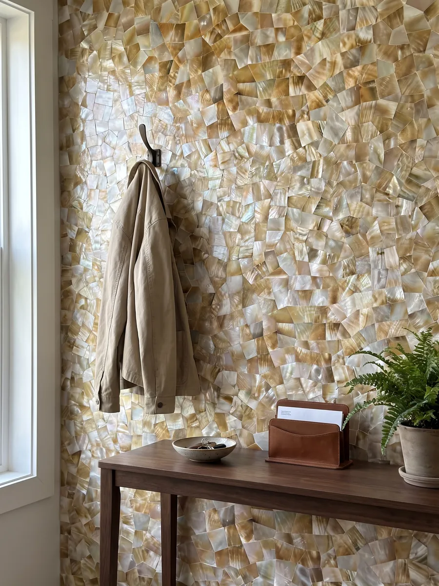 Pared de recibidor revestida con Nácar de Concha Dorada con consola estrecha: mosaico de nácar dorado y blanco con reflejos irisados