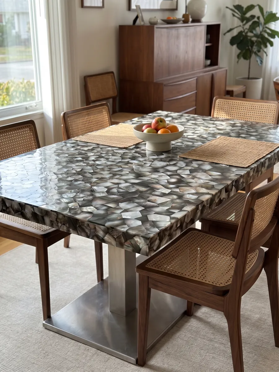 Mesa de comedor con cubierta de Nácar de Concha Gris sobre base de acero: polígonos de nácar gris oscuro y plata con reflejos irisados