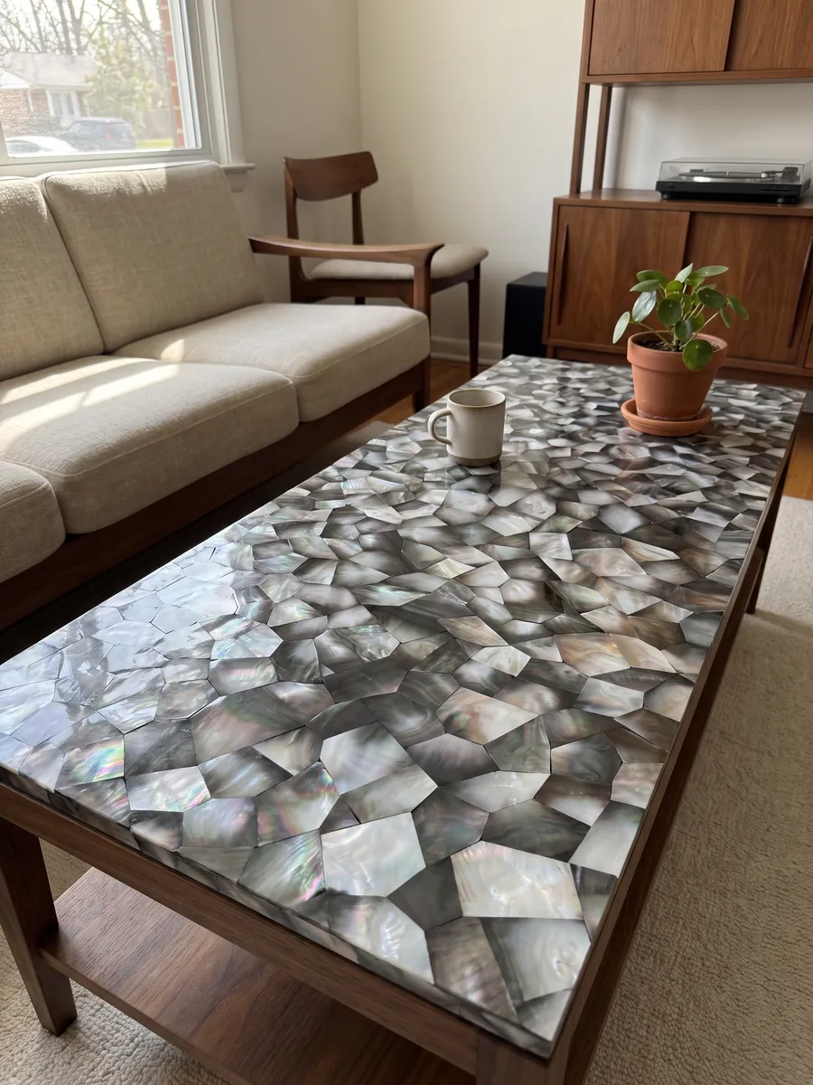 Mesa de centro con cubierta de Nácar de Concha Gris en una sala: polígonos de nácar gris oscuro y plata con reflejos irisados