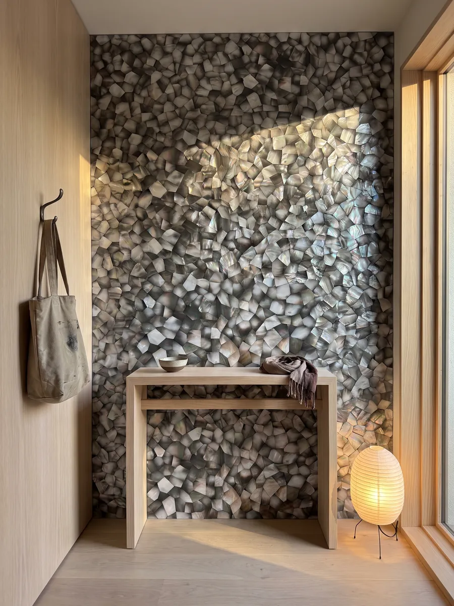 Pared de recibidor revestida con Nácar de Concha Gris con consola estrecha: polígonos de nácar gris oscuro y plata con reflejos irisados