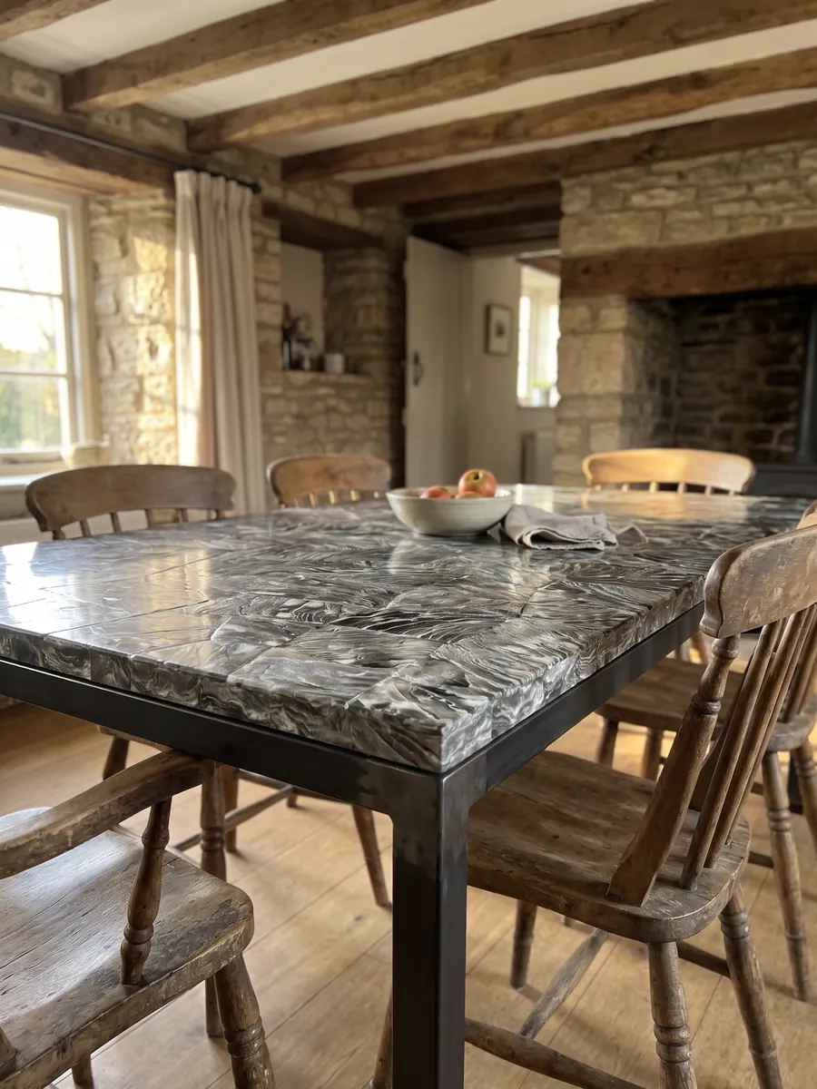 Mesa de comedor con cubierta de Nácar Galushell Gris sobre base de acero: piezas de concha gris plata con estrías onduladas de aspecto metálico