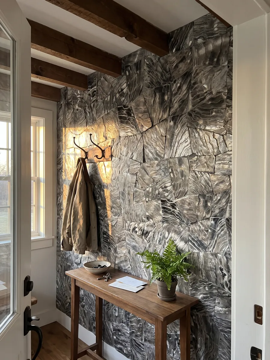 Pared de recibidor revestida con Nácar Galushell Gris con consola estrecha: piezas de concha gris plata con estrías onduladas de aspecto metálico