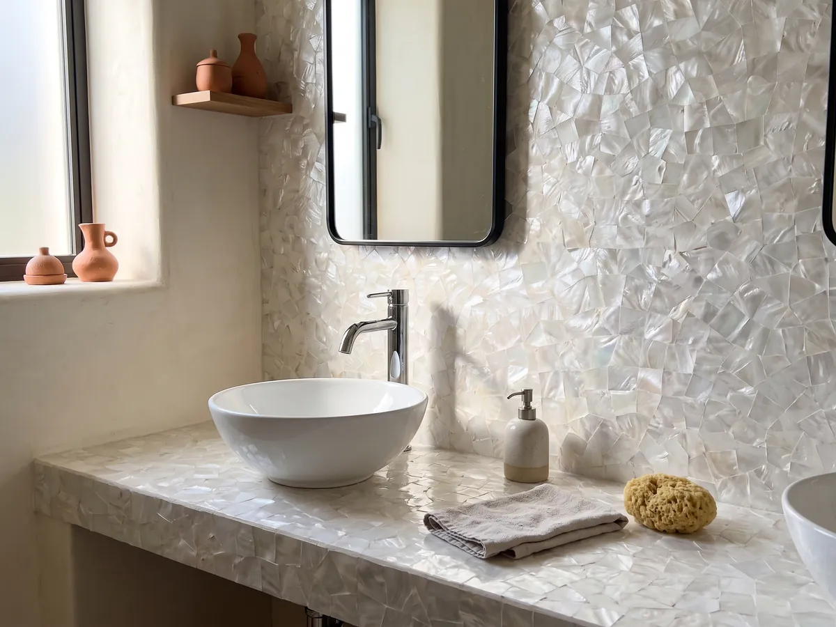 Cubierta de lavabo y pared de baño en Nácar Pinctada Maxima con lavamanos blanco y grifería cromada: mosaico de nácar blanco luminoso con leve irisado