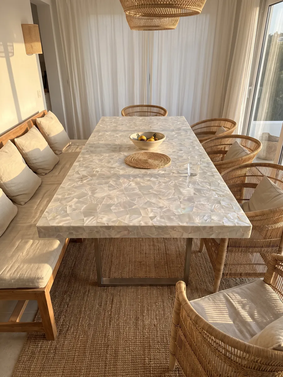 Mesa de comedor con cubierta de Nácar Pinctada Maxima sobre base de acero: mosaico de nácar blanco luminoso con leve irisado