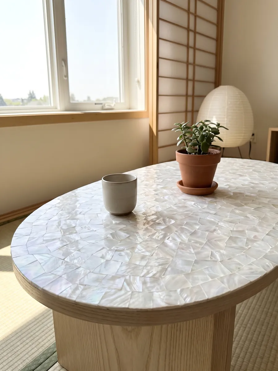 Mesa de centro con cubierta de Nácar Pinctada Maxima en una sala: mosaico de nácar blanco luminoso con leve irisado