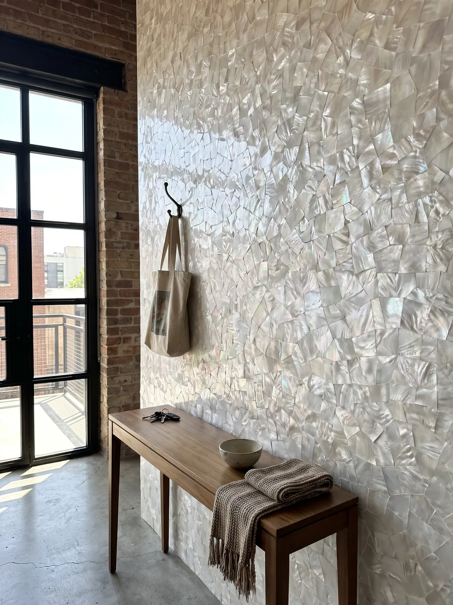 Pared de recibidor revestida con Nácar Pinctada Maxima con consola estrecha: mosaico de nácar blanco luminoso con leve irisado