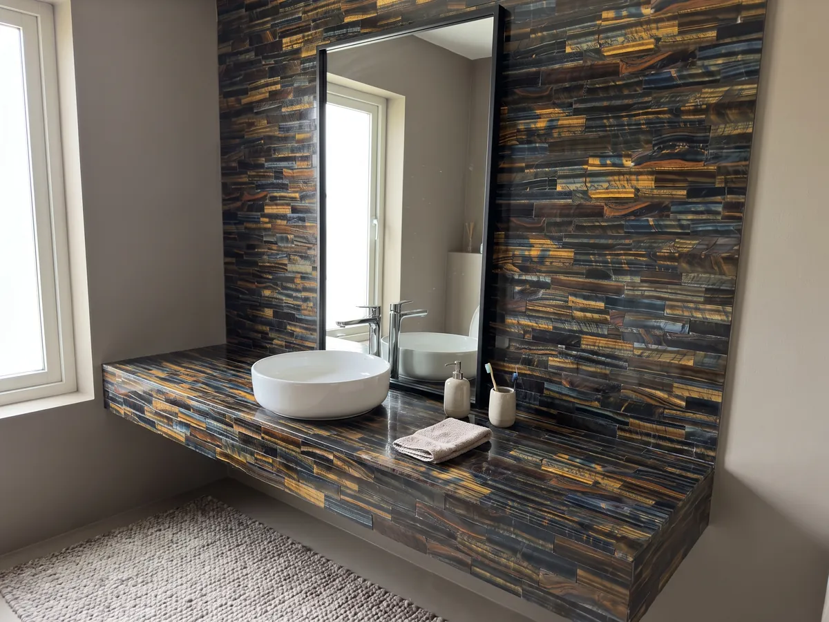 Cubierta de lavabo y pared de baño en Ojo de Tigre Azul Dorado con lavamanos blanco y grifería cromada: listones horizontales que mezclan azul oscuro con franjas doradas y naranja