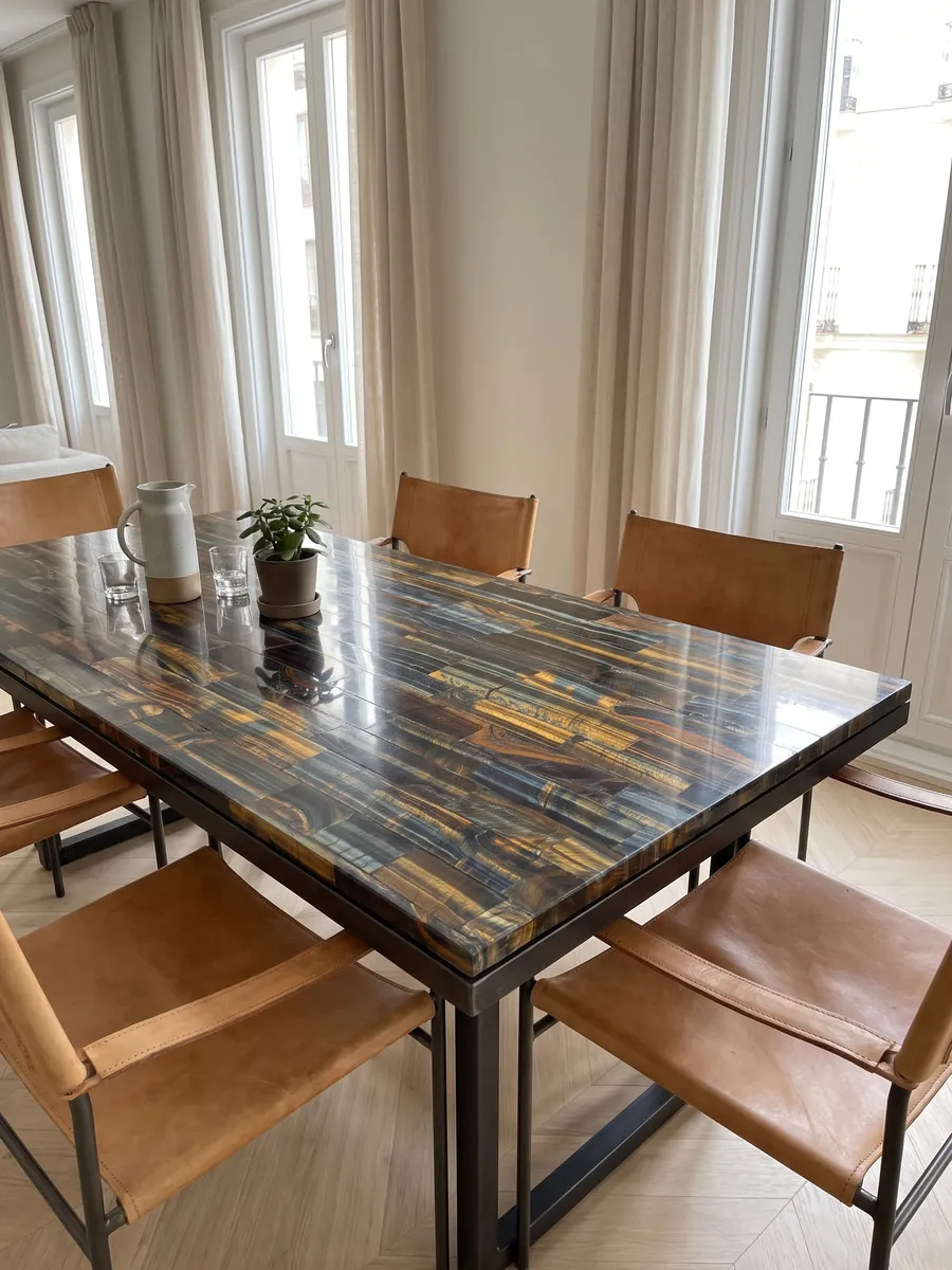 Mesa de comedor con cubierta de Ojo de Tigre Azul Dorado sobre base de acero: listones horizontales que mezclan azul oscuro con franjas doradas y naranja