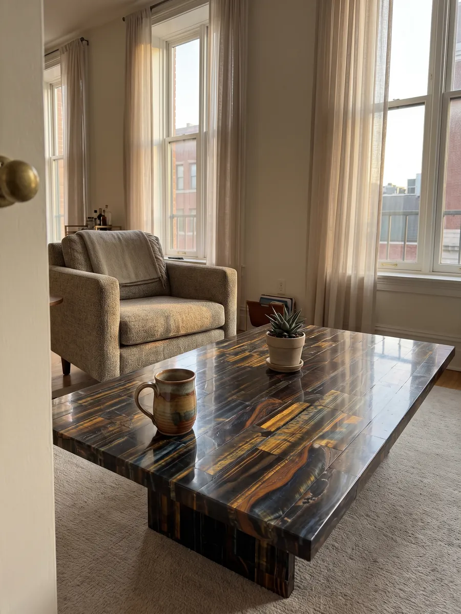 Mesa de centro con cubierta de Ojo de Tigre Azul Dorado en una sala: listones horizontales que mezclan azul oscuro con franjas doradas y naranja