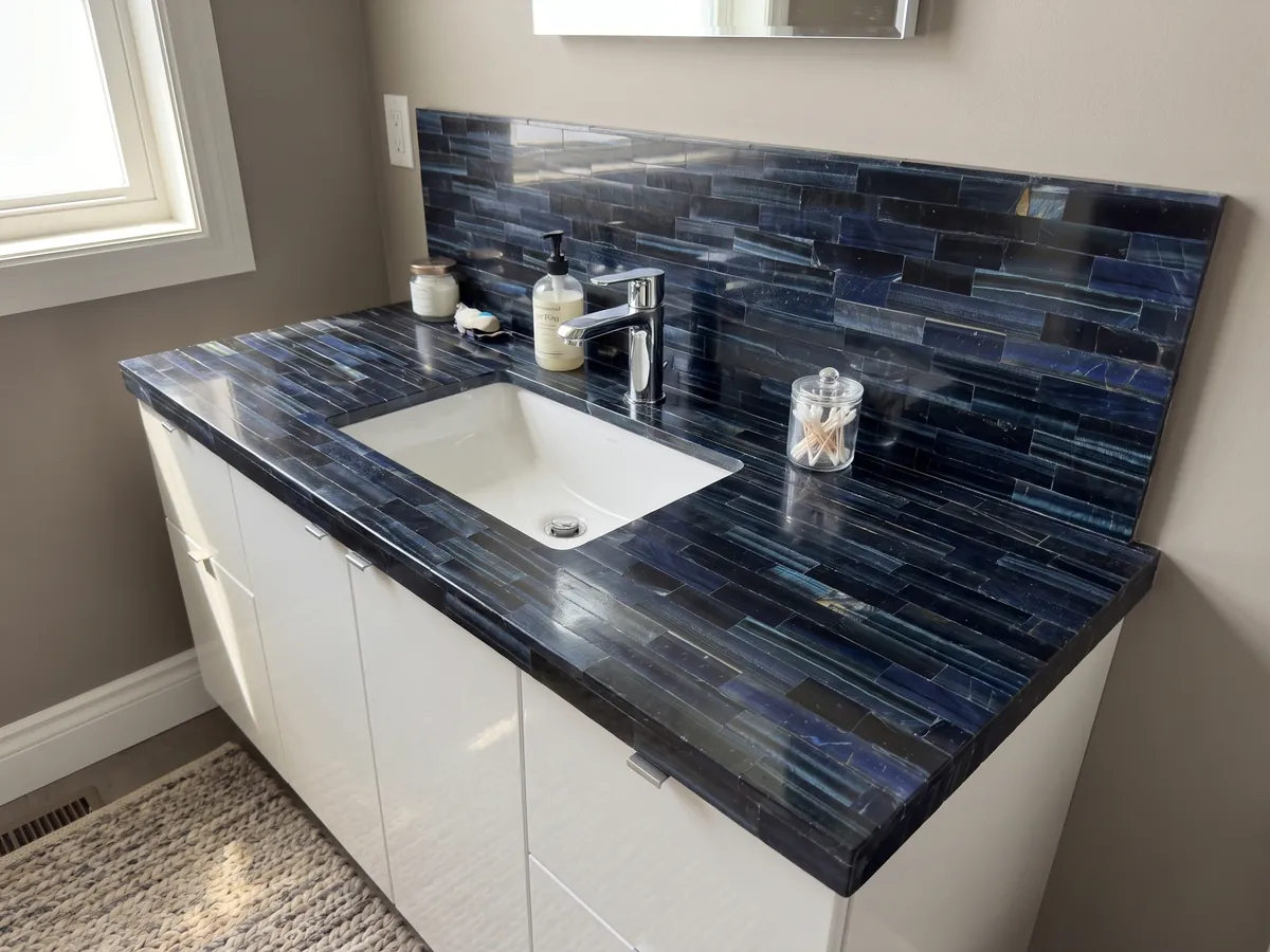 Cubierta de lavabo y pared de baño en Ojo de Tigre Azul Extra con lavamanos blanco y grifería cromada: listones horizontales azul marino casi negro con reflejos azules