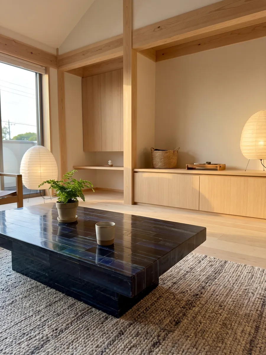 Mesa de centro con cubierta de Ojo de Tigre Azul Extra en una sala: listones horizontales azul marino casi negro con reflejos azules