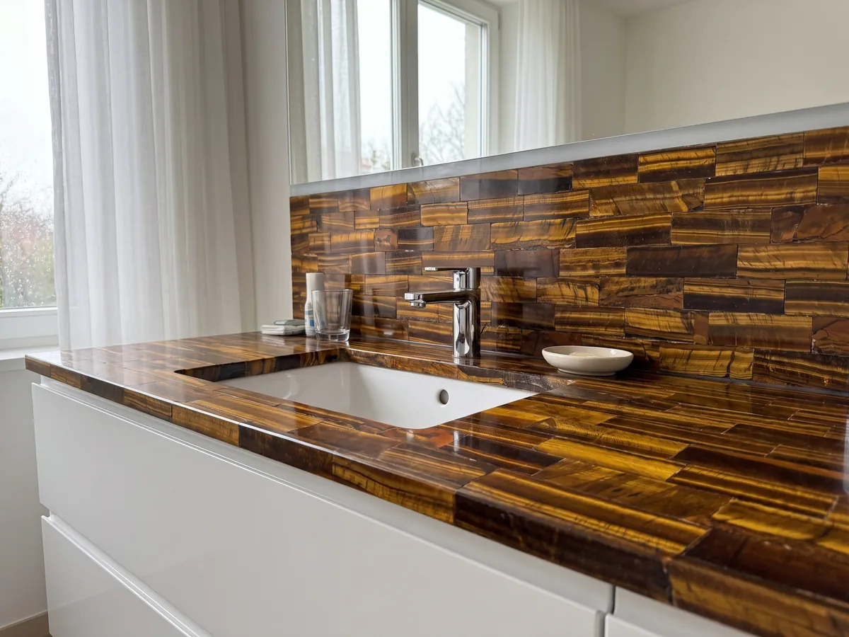 Cubierta de lavabo y pared de baño en Ojo de Tigre Dorado con lavamanos blanco y grifería cromada: listones horizontales dorados y marrones con brillo cambiante