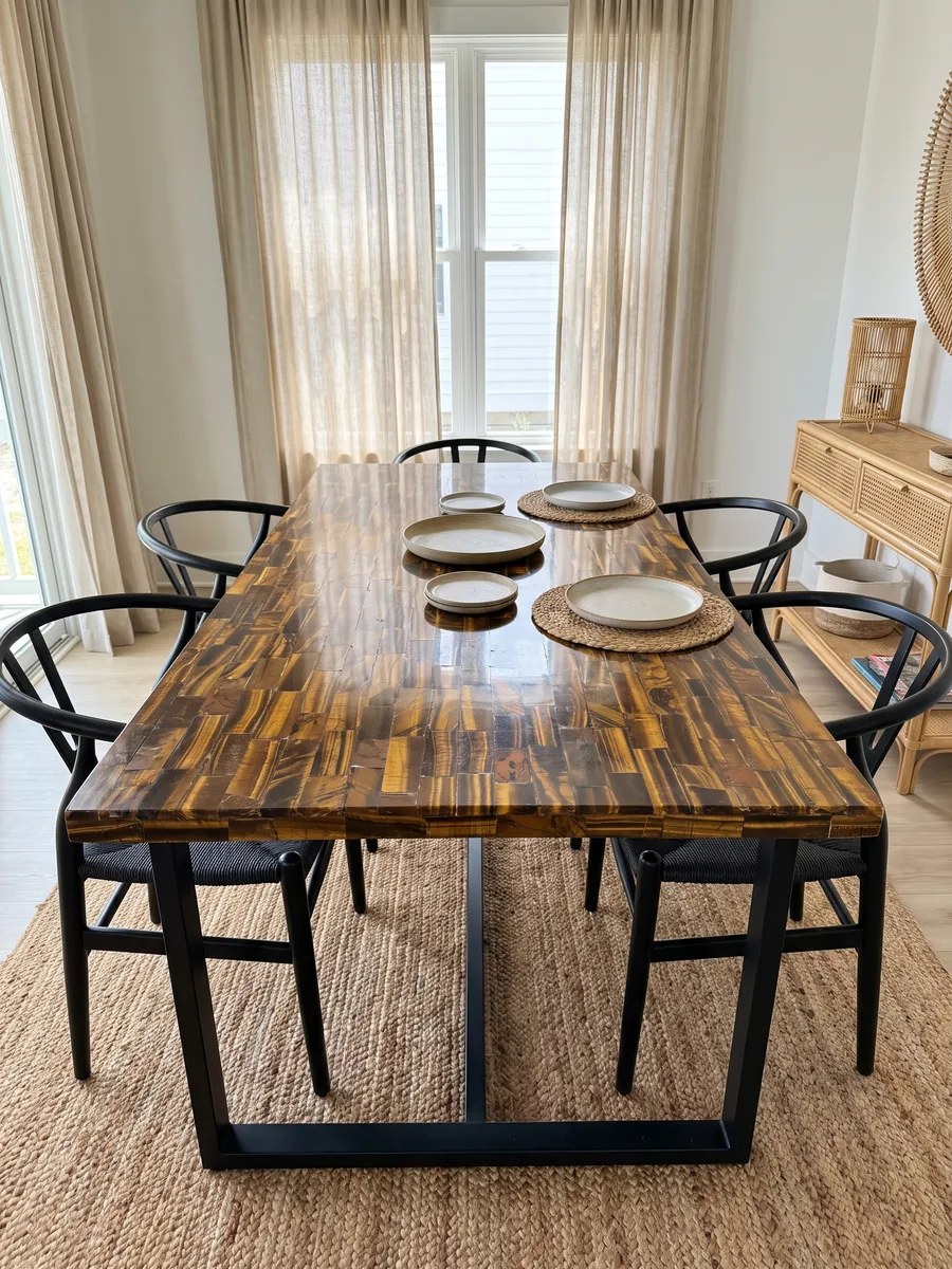 Mesa de comedor con cubierta de Ojo de Tigre Dorado sobre base de acero: listones horizontales dorados y marrones con brillo cambiante