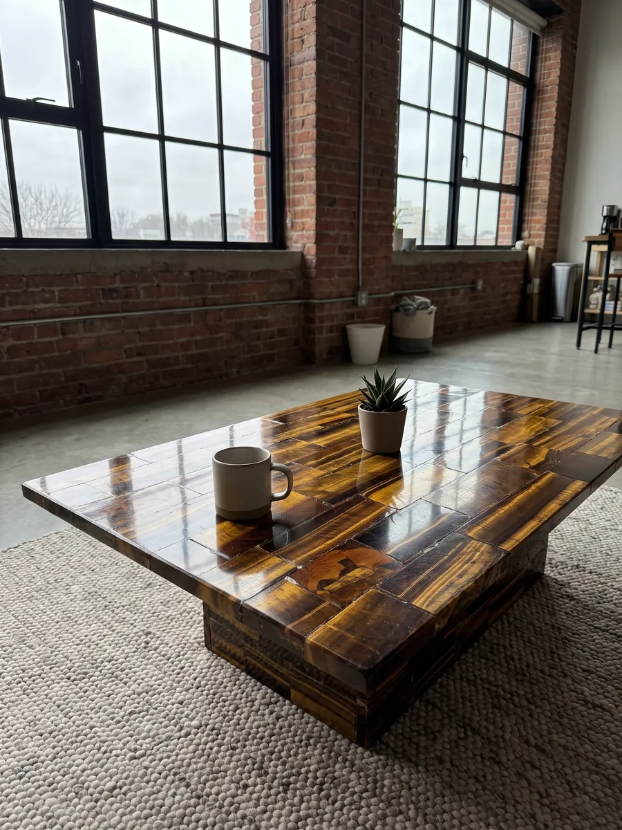Mesa de centro con cubierta de Ojo de Tigre Dorado en una sala: listones horizontales dorados y marrones con brillo cambiante