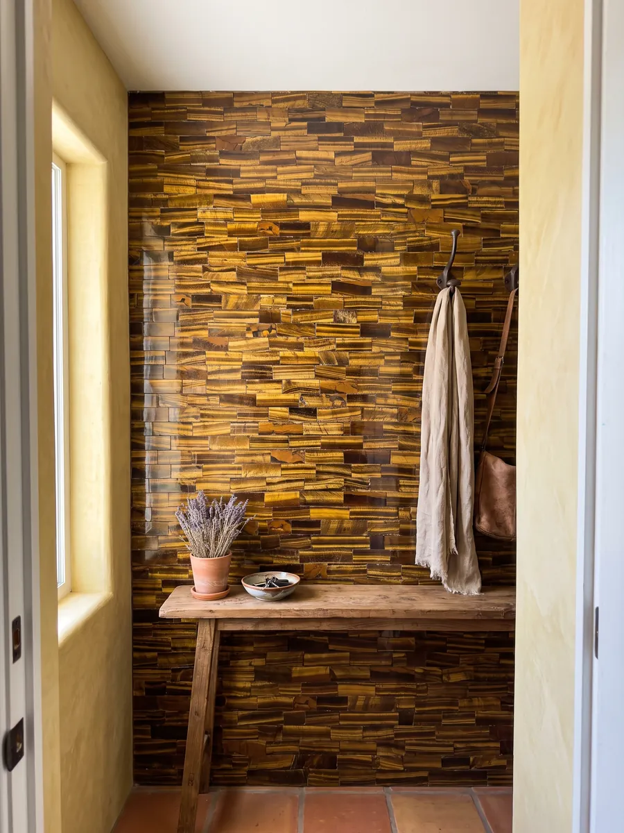 Pared de recibidor revestida con Ojo de Tigre Dorado con consola estrecha: listones horizontales dorados y marrones con brillo cambiante