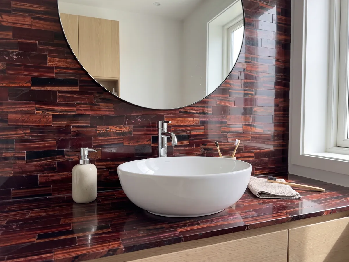 Cubierta de lavabo y pared de baño en Ojo de Tigre Rojo con lavamanos blanco y grifería cromada: listones horizontales burdeos y cobre con brillo cambiante