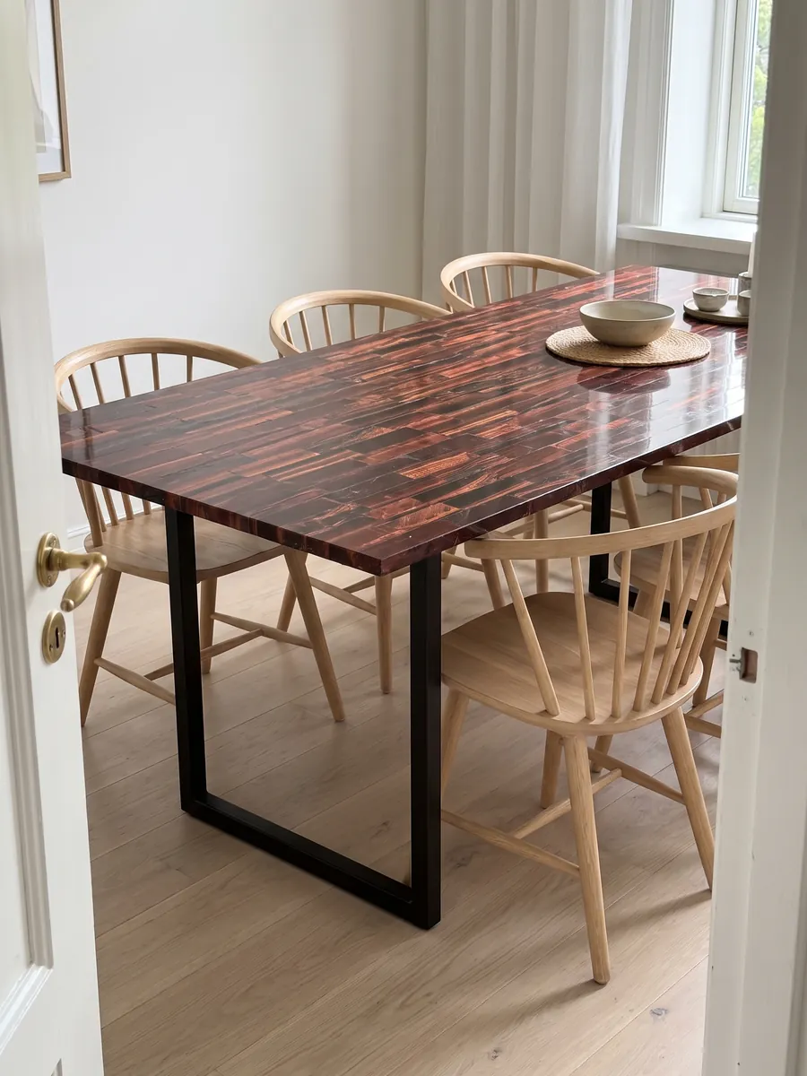 Mesa de comedor con cubierta de Ojo de Tigre Rojo sobre base de acero: listones horizontales burdeos y cobre con brillo cambiante