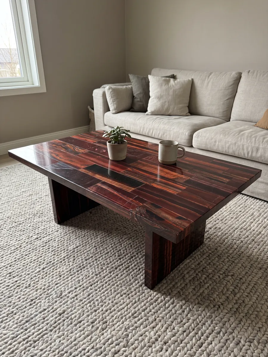 Mesa de centro con cubierta de Ojo de Tigre Rojo en una sala: listones horizontales burdeos y cobre con brillo cambiante