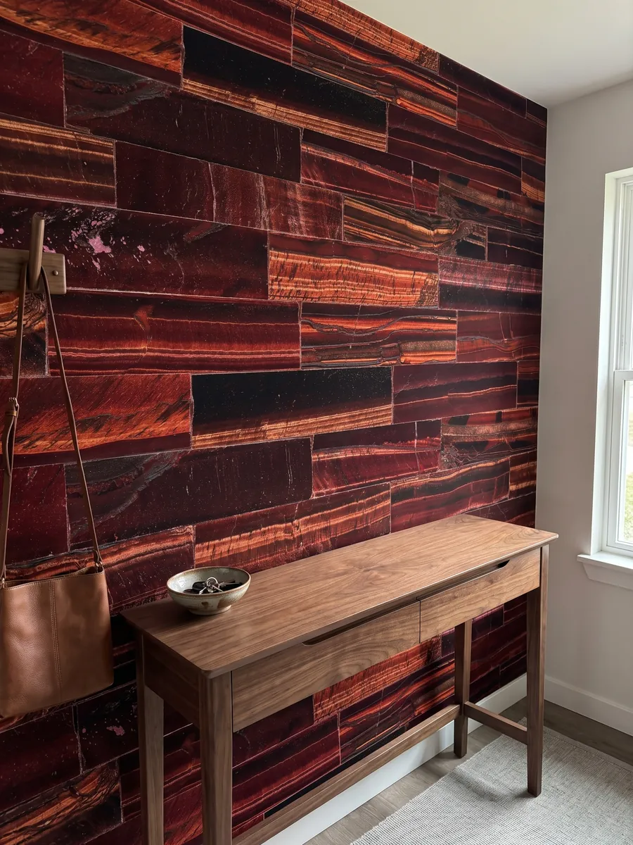 Pared de recibidor revestida con Ojo de Tigre Rojo con consola estrecha: listones horizontales burdeos y cobre con brillo cambiante