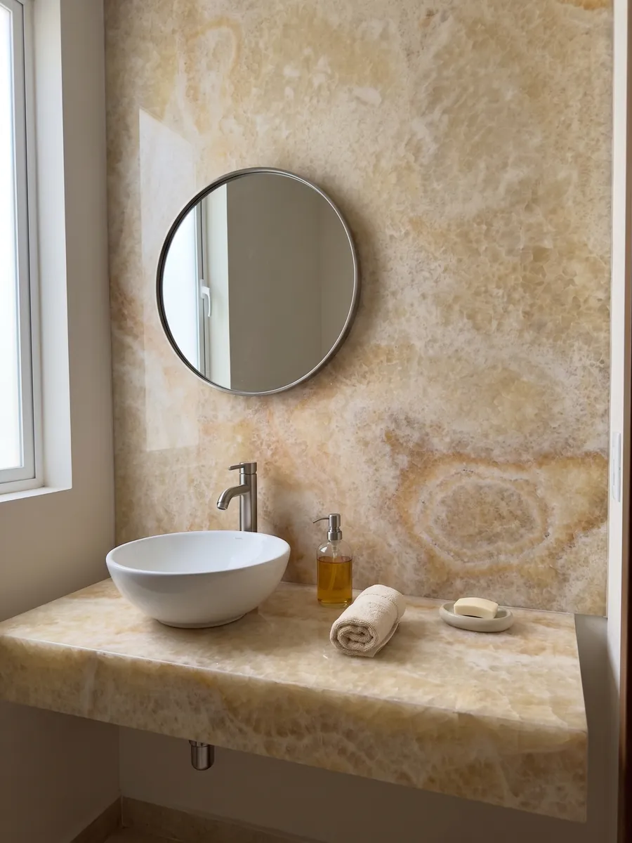 Baño de visitas con pared y cubierta flotante de Ónix Amarillo con espejo redondo: miel y crema con un anillo ovalado concéntrico bien visible
