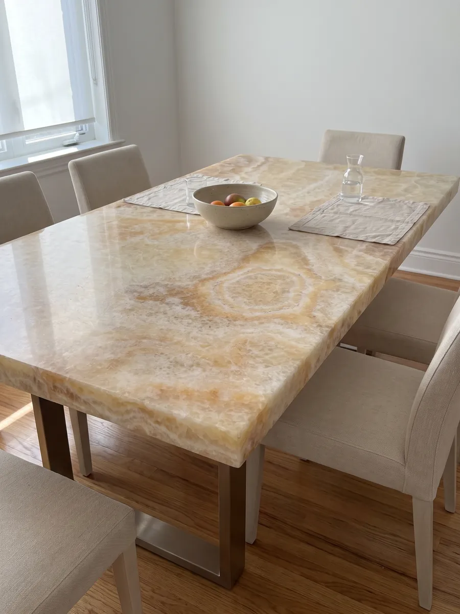 Mesa de comedor con cubierta de Ónix Amarillo sobre base de acero: miel y crema con un anillo ovalado concéntrico bien visible