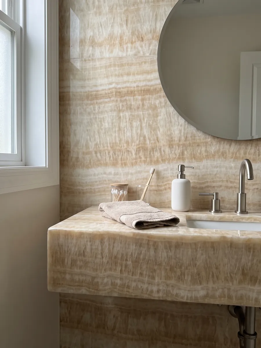 Baño de visitas con pared y cubierta flotante de ónix amarillo Miel con espejo redondo: crema y miel claro en bandas suaves con textura fibrosa vertical